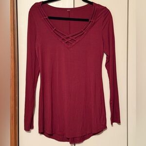 Prana Wine Long Sleeve Top with Crisscross Detail